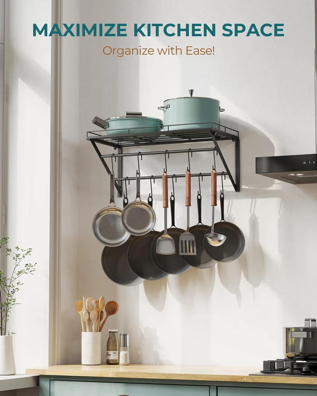 Alt view image 2 of 7 - Pot Rack Wall Mounted, Pot Organizer with 2 Tier Hanging Rails | Heavy Duty Pot and Pan Organizer with Storage Shelf & 12 S Hooks, Space Saving Hanging Pot Rack