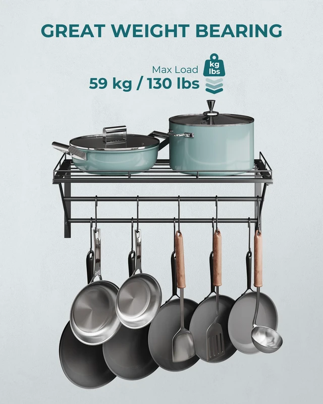 Alt view image 3 of 7 - Pot Rack Wall Mounted, Pot Organizer with 2 Tier Hanging Rails | Heavy Duty Pot and Pan Organizer with Storage Shelf & 12 S Hooks, Space Saving Hanging Pot Rack