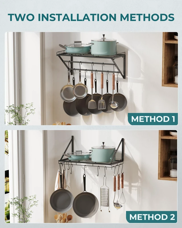 Alt view image 5 of 7 - Pot Rack Wall Mounted, Pot Organizer with 2 Tier Hanging Rails | Heavy Duty Pot and Pan Organizer with Storage Shelf & 12 S Hooks, Space Saving Hanging Pot Rack
