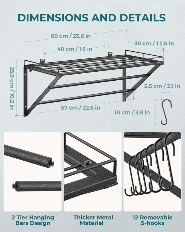 Alt view image 4 of 7 - Pot Rack Wall Mounted, Pot Organizer with 2 Tier Hanging Rails | Heavy Duty Pot and Pan Organizer with Storage Shelf & 12 S Hooks, Space Saving Hanging Pot Rack