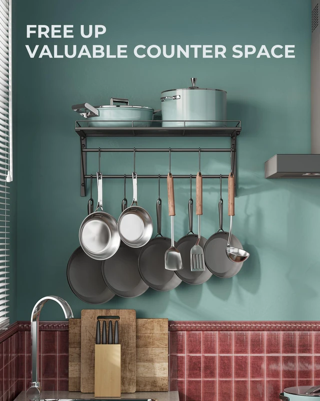 Alt view image 6 of 7 - Pot Rack Wall Mounted, Pot Organizer with 2 Tier Hanging Rails | Heavy Duty Pot and Pan Organizer with Storage Shelf & 12 S Hooks, Space Saving Hanging Pot Rack