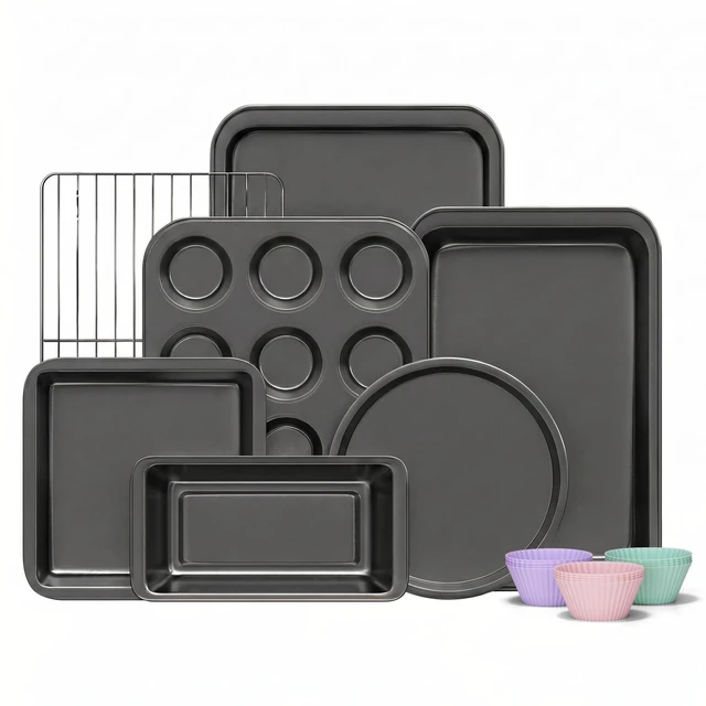 Main image of Compact Baking Pans Sets, Nonstick Bakeware Sets 19-Piece with Round/Square Cake Pan, Loaf Pan, Muffin Pan, Cookie Sheet, Roast Pan, Cooling Rack, Carbon Steel Bake Set