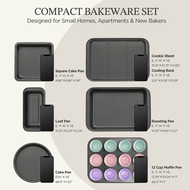 Alt view image 2 of 7 - Compact Baking Pans Sets, Nonstick Bakeware Sets 19-Piece with Round/Square Cake Pan, Loaf Pan, Muffin Pan, Cookie Sheet, Roast Pan, Cooling Rack, Carbon Steel Bake Set