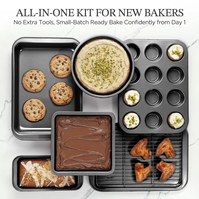 Alt view image 6 of 7 - Compact Baking Pans Sets, Nonstick Bakeware Sets 19-Piece with Round/Square Cake Pan, Loaf Pan, Muffin Pan, Cookie Sheet, Roast Pan, Cooling Rack, Carbon Steel Bake Set