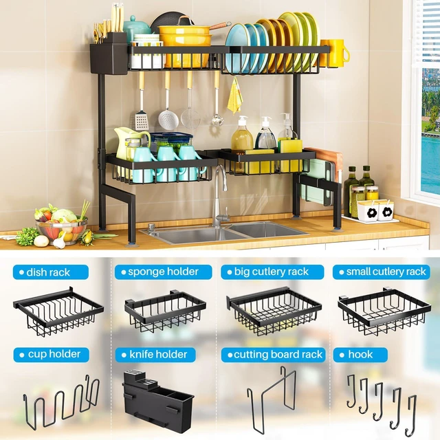Alt view image 2 of 6 - Large Over The Sink Dish Drying Rack 2 Tiers 4 Baskets | Fits All Sinks (from 26.57" to 35"), 2-Tier Adjustable SinkRack, Dishes Rack Kitchen Storage Organizer, Space Saving