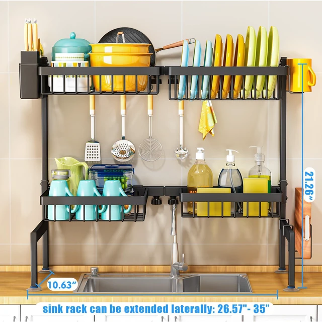 Alt view image 3 of 6 - Large Over The Sink Dish Drying Rack 2 Tiers 4 Baskets | Fits All Sinks (from 26.57" to 35"), 2-Tier Adjustable SinkRack, Dishes Rack Kitchen Storage Organizer, Space Saving