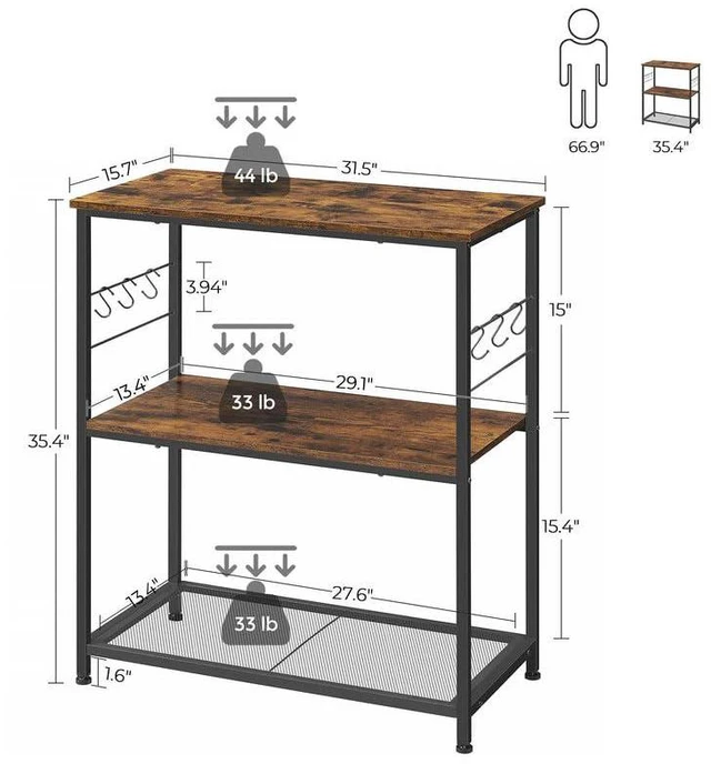Alt view image 3 of 7 - Kitchen Island, 3-Tier, 6 Hooks, Metal Frame | Microwave Oven Stand, Kitchen Shelf, Baker's Rack, 31.5 Inches Width, Rustic Brown and Black