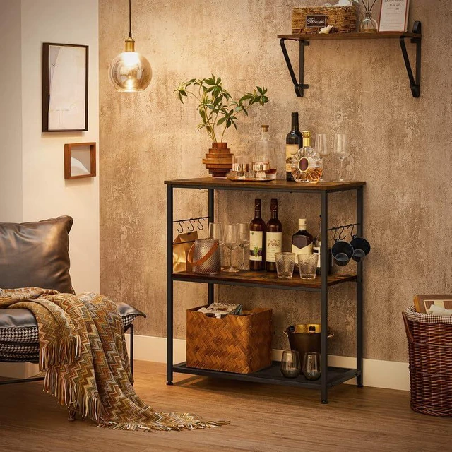 Alt view image 5 of 7 - Kitchen Island, 3-Tier, 6 Hooks, Metal Frame | Microwave Oven Stand, Kitchen Shelf, Baker's Rack, 31.5 Inches Width, Rustic Brown and Black