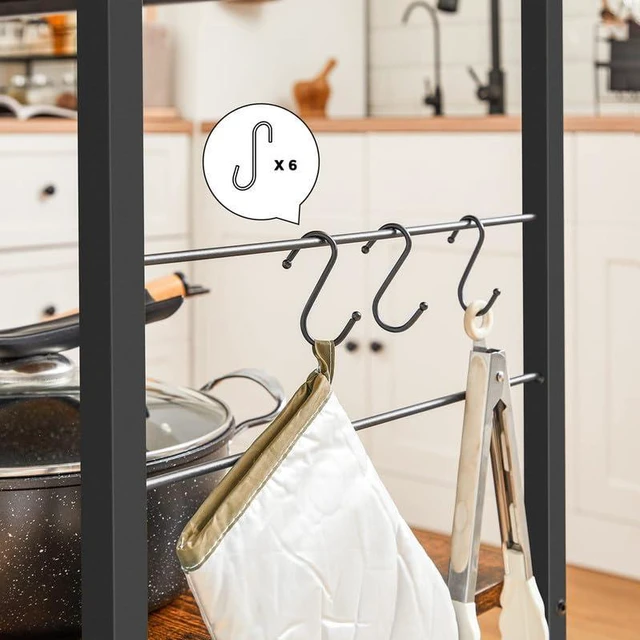 Alt view image 7 of 7 - Kitchen Island, 3-Tier, 6 Hooks, Metal Frame | Microwave Oven Stand, Kitchen Shelf, Baker's Rack, 31.5 Inches Width, Rustic Brown and Black