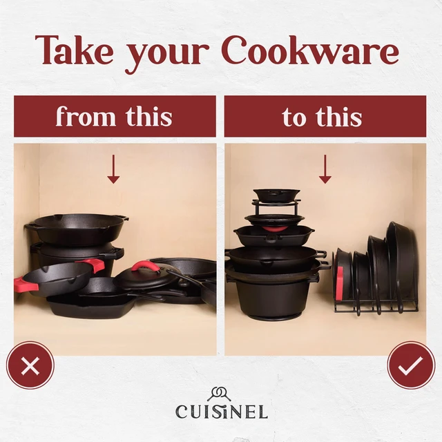 Alt view image 2 of 7 - Cuisinel Silicone-Coated Pan Organizer, 12" Cast Iron Skillet Rack, 2 Pack | Silicone-Coated Non-Slip Shelves, Holds 5 Cast Iron Skillets Up To 50 Lbs, Fits Pans Up To 3.5 In Tall, Cabinet Storage