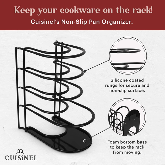 Alt view image 4 of 7 - Cuisinel Silicone-Coated Pan Organizer, 12" Cast Iron Skillet Rack, 2 Pack | Silicone-Coated Non-Slip Shelves, Holds 5 Cast Iron Skillets Up To 50 Lbs, Fits Pans Up To 3.5 In Tall, Cabinet Storage