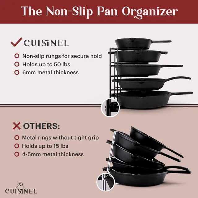 Alt view image 5 of 7 - Cuisinel Silicone-Coated Pan Organizer, 12" Cast Iron Skillet Rack, 2 Pack | Silicone-Coated Non-Slip Shelves, Holds 5 Cast Iron Skillets Up To 50 Lbs, Fits Pans Up To 3.5 In Tall, Cabinet Storage