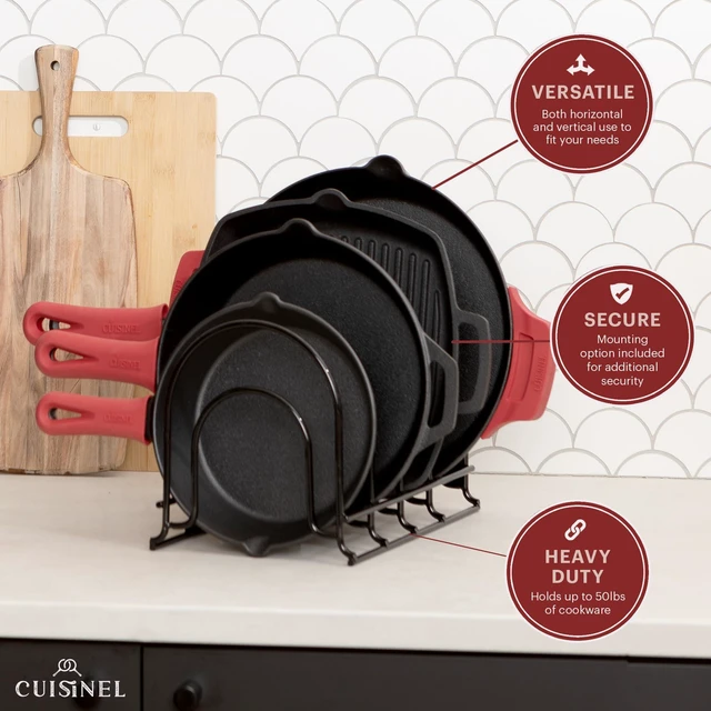 Alt view image 6 of 7 - Cuisinel Silicone-Coated Pan Organizer, 12" Cast Iron Skillet Rack, 2 Pack | Silicone-Coated Non-Slip Shelves, Holds 5 Cast Iron Skillets Up To 50 Lbs, Fits Pans Up To 3.5 In Tall, Cabinet Storage
