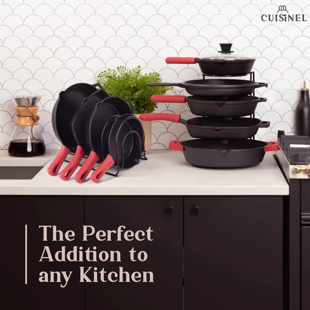 Alt view image 7 of 7 - Cuisinel Silicone-Coated Pan Organizer, 12" Cast Iron Skillet Rack, 2 Pack | Silicone-Coated Non-Slip Shelves, Holds 5 Cast Iron Skillets Up To 50 Lbs, Fits Pans Up To 3.5 In Tall, Cabinet Storage