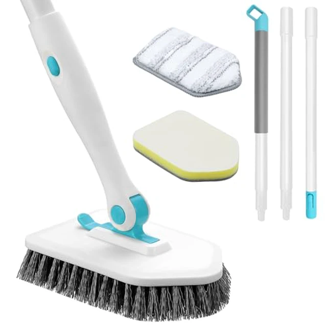 Alt view image 2 of 5 - Shower Scrubber with Long Handle, 3 in 1 Tile Tub Scrubber Brush with 3 Detachable Cleaning Heads Adjustable Handle Shower Cleaner Brush for Bathroom, Kitchen, Toilet, Wall, Sink, Blue White