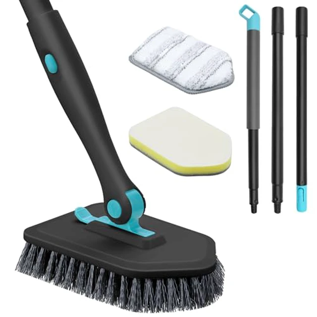 Alt view image 3 of 5 - Shower Scrubber with Long Handle, 3 in 1 Tile Tub Scrubber Brush with 3 Detachable Cleaning Heads Adjustable Handle Shower Cleaner Brush for Bathroom, Kitchen, Toilet, Wall, Sink, Blue White