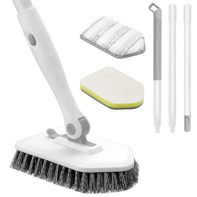 Alt view image 4 of 5 - Shower Scrubber with Long Handle, 3 in 1 Tile Tub Scrubber Brush with 3 Detachable Cleaning Heads Adjustable Handle Shower Cleaner Brush for Bathroom, Kitchen, Toilet, Wall, Sink, Blue White