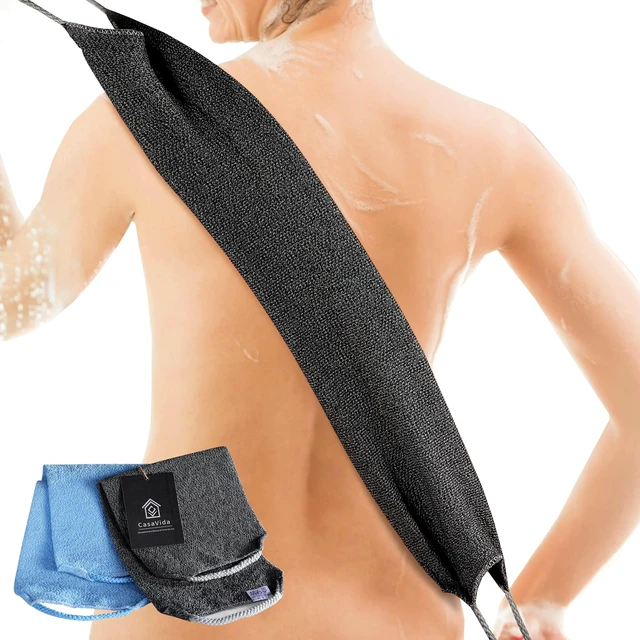 Main image of Back Scrubber for Shower, 2 Pack, Blue + Charcoal Gray | Nylon Bath Towel Washer, Japanese Exfoliating Washcloth, Stretchable Strap, Body Exfoliation Loofah Sponge