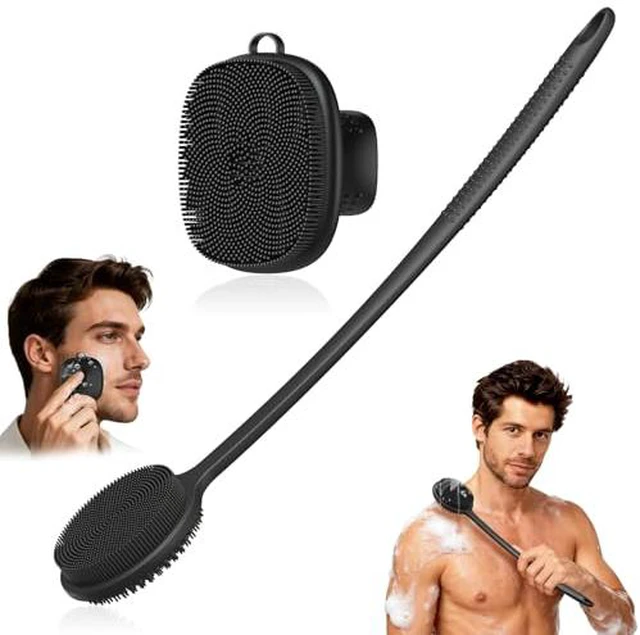 Alt view image 2 of 7 - Silicone Back Scrubber for Shower & Silicone Face Scrubber, 2Pcs Silicone Exfoliating Brush Set with 17In Long Handle, Soft Body & Facial Cleansing Scrubber for Men Women