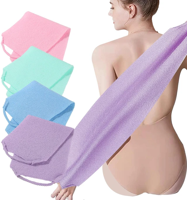 Main image of 4 Pack Exfoliating Body Scrubber with Handles, Nylon Exfoliating Cloth Extended Length Back Scrubber Stretchable Pull Strap Shower Back Scrubber for Shower for Women&Men(4 PackGreen+Blue+Purple+Pink)