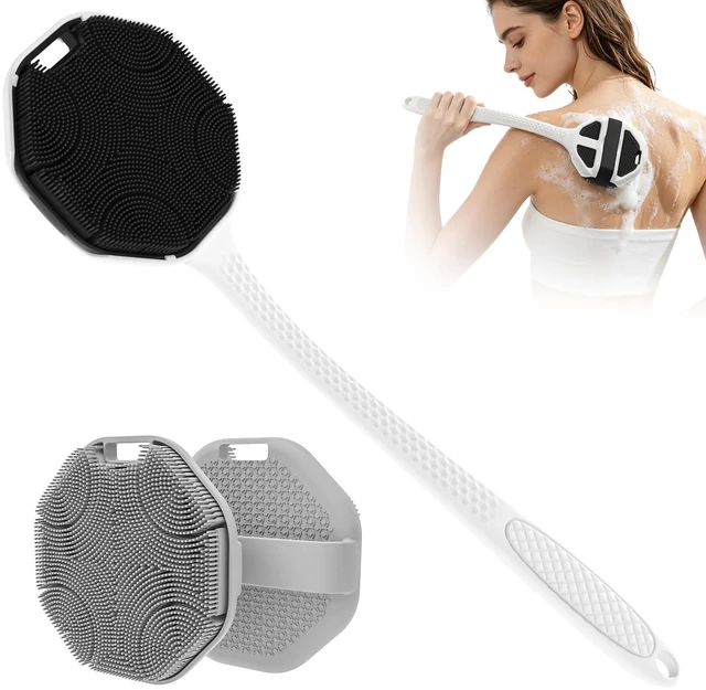 Main image of Silicone Body Scrubbers with Detachable Handle, Back Scrubber 2 Pack | for Shower Women Men, 17" Long Ergonomic Curved Handle, Soft & Dense Bristles Brush for Bath Body Scrub Gentle Clean,Gray