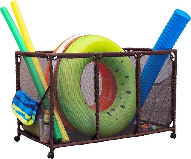 Main image of Large Mesh Rolling Pool Storage Organizer Bin, 25" L x 43" W x 28" H, Kids Height, Lockable Wheels for Pool Noodles, Toys, Balls, Floats & Equipment, Brown