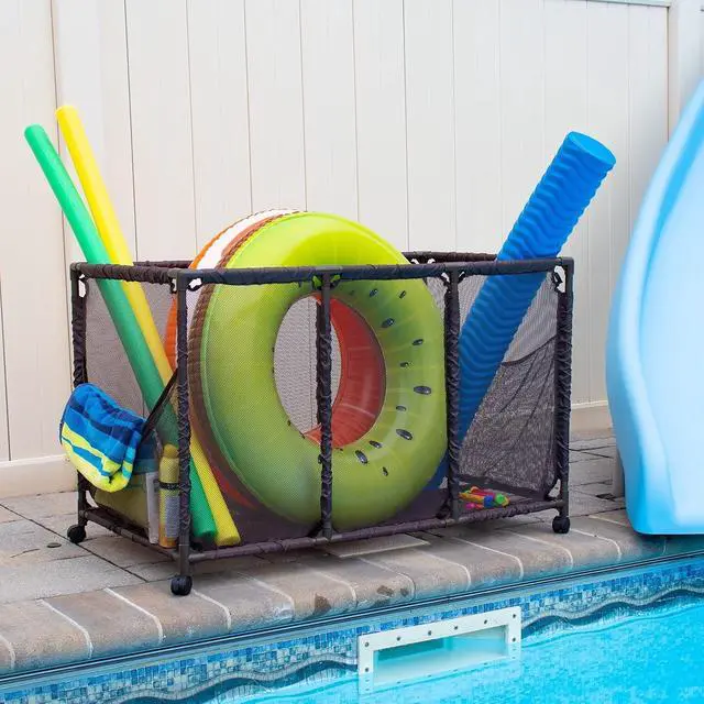 Alt view image 3 of 5 - Large Mesh Rolling Pool Storage Organizer Bin, 25" L x 43" W x 28" H, Kids Height, Lockable Wheels for Pool Noodles, Toys, Balls, Floats & Equipment, Brown
