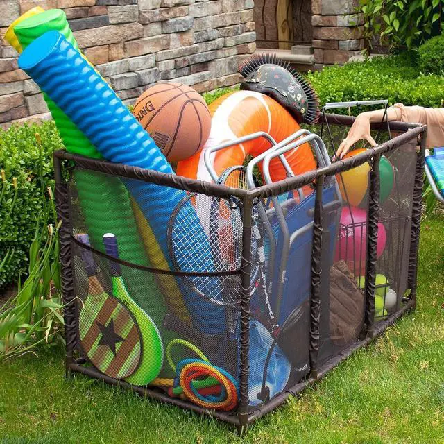 Alt view image 4 of 5 - Large Mesh Rolling Pool Storage Organizer Bin, 25" L x 43" W x 28" H, Kids Height, Lockable Wheels for Pool Noodles, Toys, Balls, Floats & Equipment, Brown
