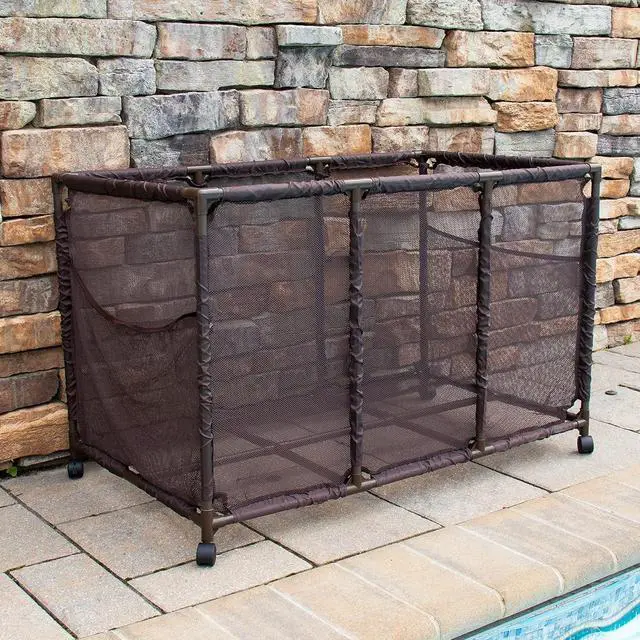 Alt view image 5 of 5 - Large Mesh Rolling Pool Storage Organizer Bin, 25" L x 43" W x 28" H, Kids Height, Lockable Wheels for Pool Noodles, Toys, Balls, Floats & Equipment, Brown