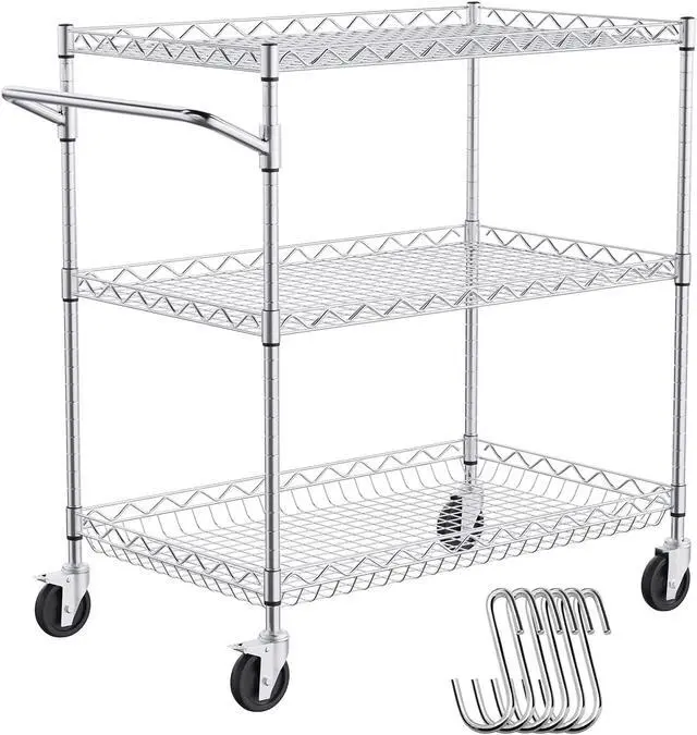 Main image of 3 Tier Wire Rolling Kitchen Utility Cart, 661 LBS Capacity Steel Storage Trolley, 80mm Deep Baskets, Curved Handle & 6 Hooks, Mobile Service Table on Wheels
