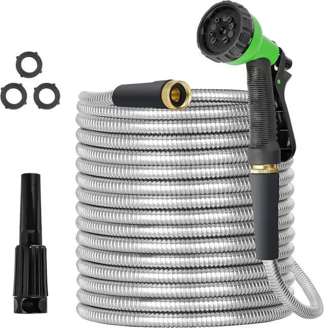 Main image of 100FT Flexible Stainless Steel Garden Hose Heavy Duty Anti-Kink Rust Proof Water Hose with Leak-Proof 3/4 Inch Brass Fittings and Multi-Function Sprayer Nozzles for Outdoor Yard Cleaning Watering