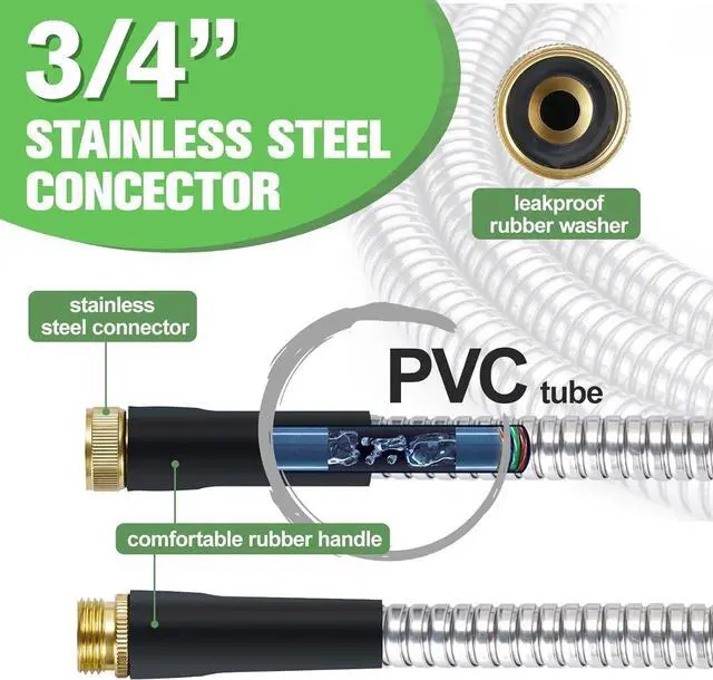 Alt view image 3 of 7 - 100FT Flexible Stainless Steel Garden Hose Heavy Duty Anti-Kink Rust Proof Water Hose with Leak-Proof 3/4 Inch Brass Fittings and Multi-Function Sprayer Nozzles for Outdoor Yard Cleaning Watering