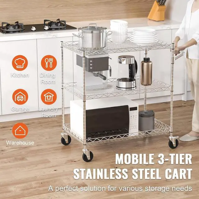 Alt view image 2 of 7 - 3 Tier Wire Rolling Kitchen Utility Cart, 661 LBS Capacity Steel Storage Trolley, 80mm Deep Baskets, Curved Handle & 6 Hooks, Mobile Service Table on Wheels