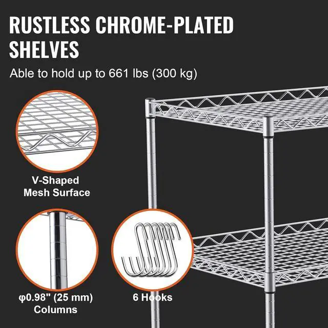 Alt view image 3 of 7 - 3 Tier Wire Rolling Kitchen Utility Cart, 661 LBS Capacity Steel Storage Trolley, 80mm Deep Baskets, Curved Handle & 6 Hooks, Mobile Service Table on Wheels