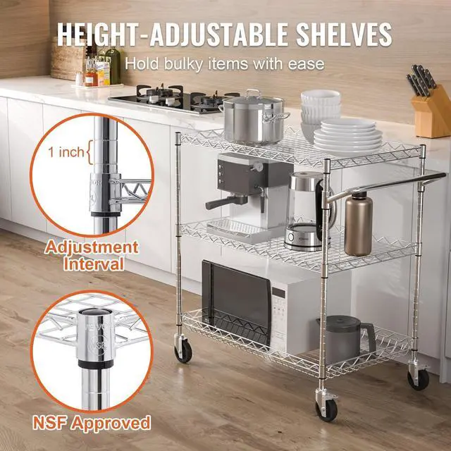 Alt view image 4 of 7 - 3 Tier Wire Rolling Kitchen Utility Cart, 661 LBS Capacity Steel Storage Trolley, 80mm Deep Baskets, Curved Handle & 6 Hooks, Mobile Service Table on Wheels