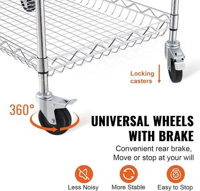 Alt view image 5 of 7 - 3 Tier Wire Rolling Kitchen Utility Cart, 661 LBS Capacity Steel Storage Trolley, 80mm Deep Baskets, Curved Handle & 6 Hooks, Mobile Service Table on Wheels