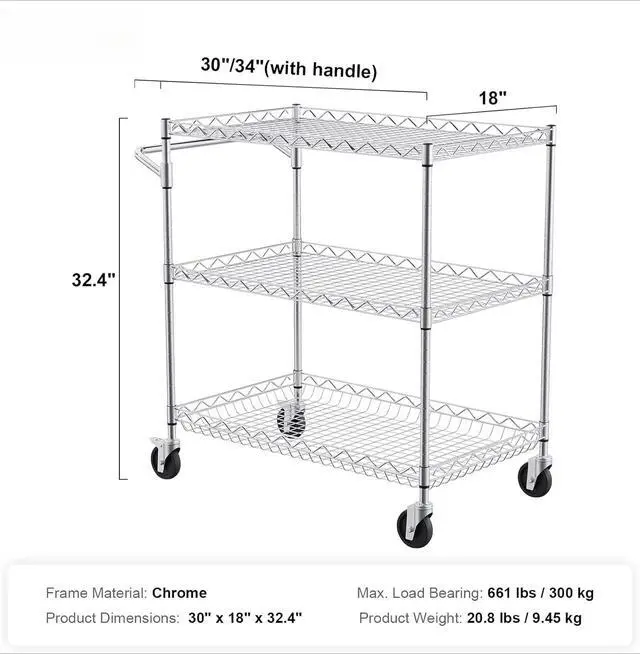 Alt view image 7 of 7 - 3 Tier Wire Rolling Kitchen Utility Cart, 661 LBS Capacity Steel Storage Trolley, 80mm Deep Baskets, Curved Handle & 6 Hooks, Mobile Service Table on Wheels