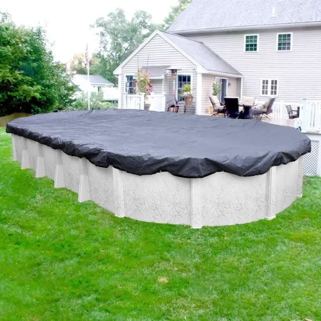 Main image of 12 x 24 ft Oval Above Ground Pool Winter Cover, 4 ft Overlap (16 x 28 ft), Solid 12 x 12 Scrim, 3.7 oz/yd² Polyethylene, Black Underside, Perimeter Binding, Winch and Cable Included, Commercial Grade