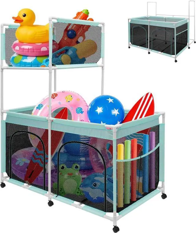 Main image of 2-in-1 Large Pool Float Storage Organizer, 350gal Mesh Rolling Cart Bin with Side Pockets, Durable UV-Resistant for Pool Noodles, Floats, Balls & Towels