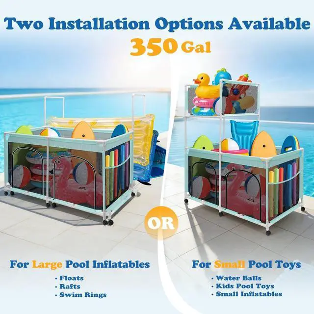 Alt view image 2 of 7 - 2-in-1 Large Pool Float Storage Organizer, 350gal Mesh Rolling Cart Bin with Side Pockets, Durable UV-Resistant for Pool Noodles, Floats, Balls & Towels
