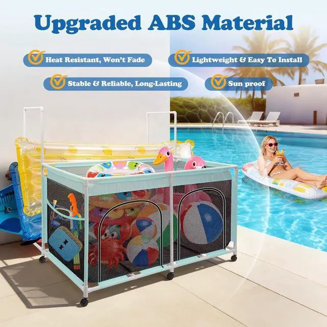 Alt view image 4 of 7 - 2-in-1 Large Pool Float Storage Organizer, 350gal Mesh Rolling Cart Bin with Side Pockets, Durable UV-Resistant for Pool Noodles, Floats, Balls & Towels