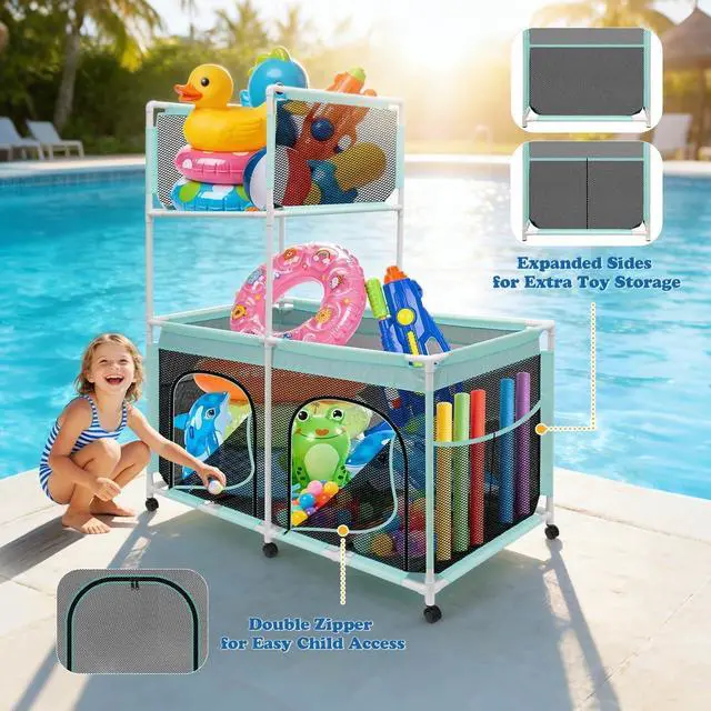 Alt view image 5 of 7 - 2-in-1 Large Pool Float Storage Organizer, 350gal Mesh Rolling Cart Bin with Side Pockets, Durable UV-Resistant for Pool Noodles, Floats, Balls & Towels