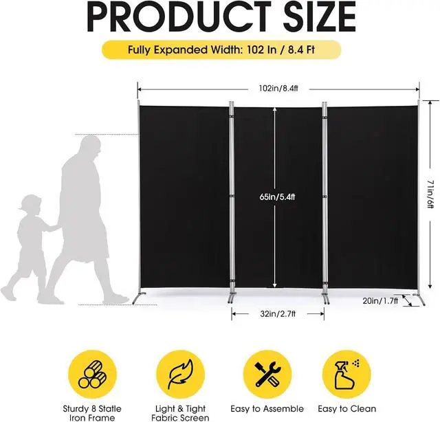 Alt view image 2 of 7 - 3 Panel Folding Privacy Screen 6 Ft Tall Freestanding Room Divider Fabric Partition Wall 102"W x 20"D x 71"H Black for Home Office Bedroom Living Room