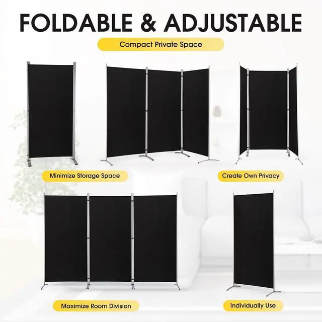 Alt view image 3 of 7 - 3 Panel Folding Privacy Screen 6 Ft Tall Freestanding Room Divider Fabric Partition Wall 102"W x 20"D x 71"H Black for Home Office Bedroom Living Room