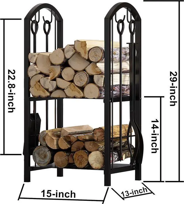 Alt view image 6 of 6 - 5-Piece Firewood Rack with Fireplace Tools Set, Sturdy Metal Log Storage Holder with 4 Fire Tools, Multi-tier Firewood Organizer for Indoor Fireplace Outdoor Fire Pit, Black