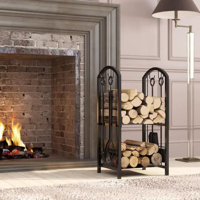 Alt view image 5 of 6 - 5-Piece Firewood Rack with Fireplace Tools Set, Sturdy Metal Log Storage Holder with 4 Fire Tools, Multi-tier Firewood Organizer for Indoor Fireplace Outdoor Fire Pit, Black
