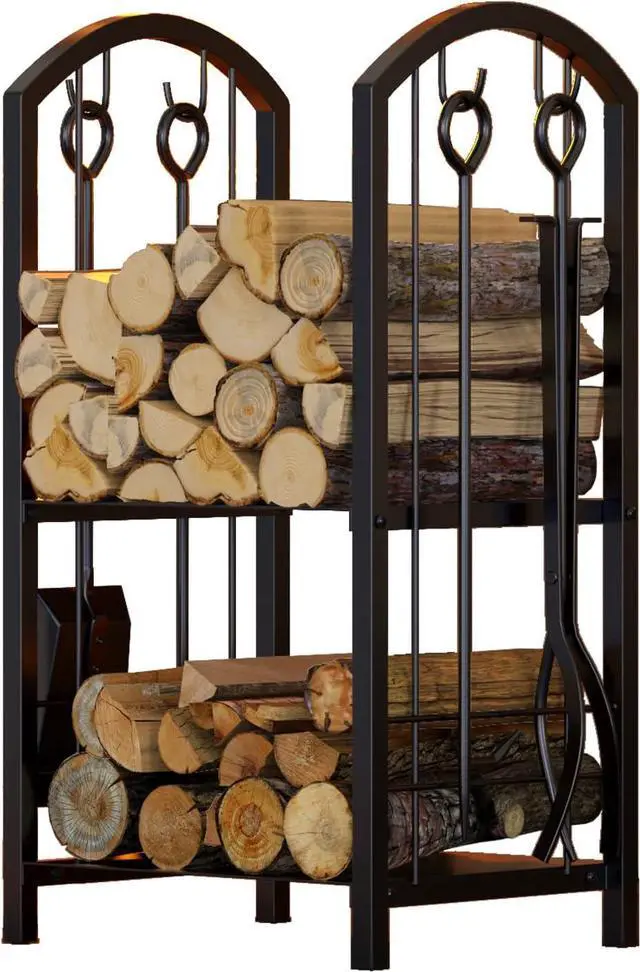Alt view image 4 of 6 - 5-Piece Firewood Rack with Fireplace Tools Set, Sturdy Metal Log Storage Holder with 4 Fire Tools, Multi-tier Firewood Organizer for Indoor Fireplace Outdoor Fire Pit, Black
