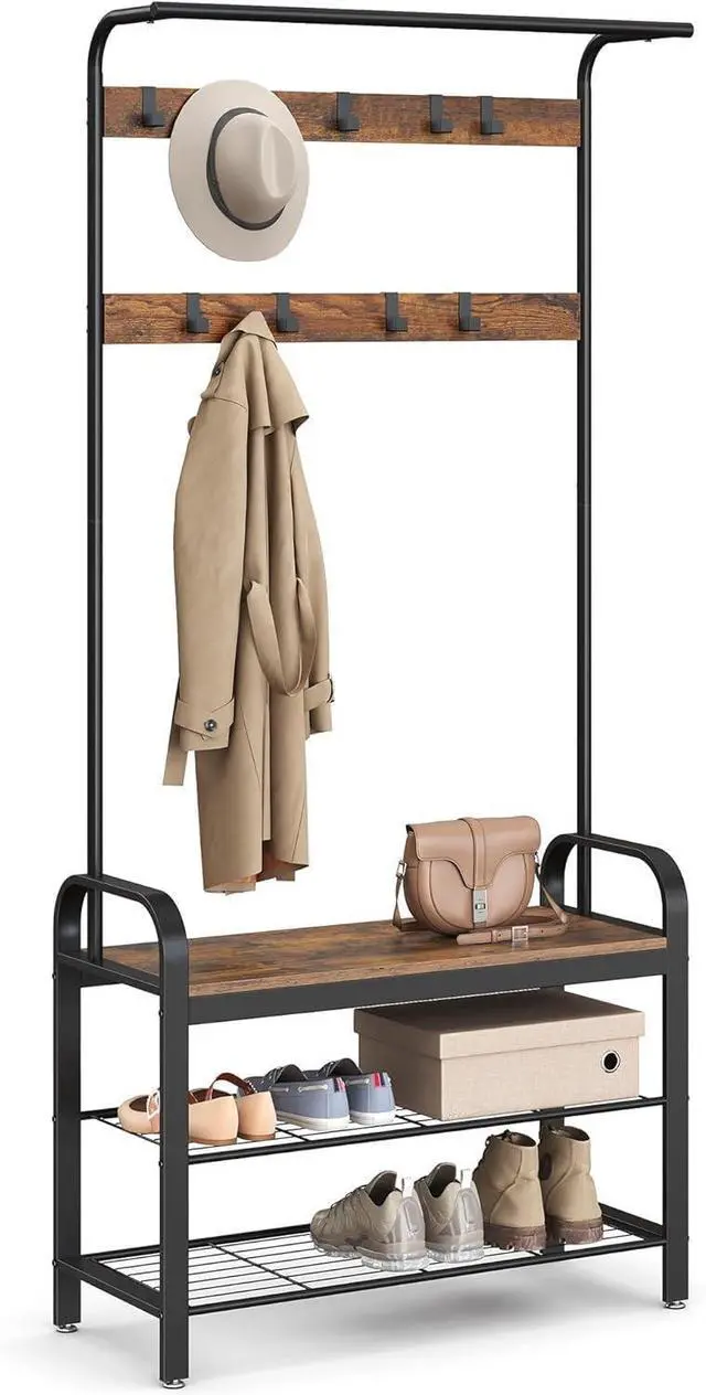 Main image of 4-in-1 Entryway Hall Tree with Shoe Bench and Coat Rack, 9 Removable Hooks, Hanging Rod, 13.3 x 33.1 x 72.1 Inches, Rustic Brown and Black
