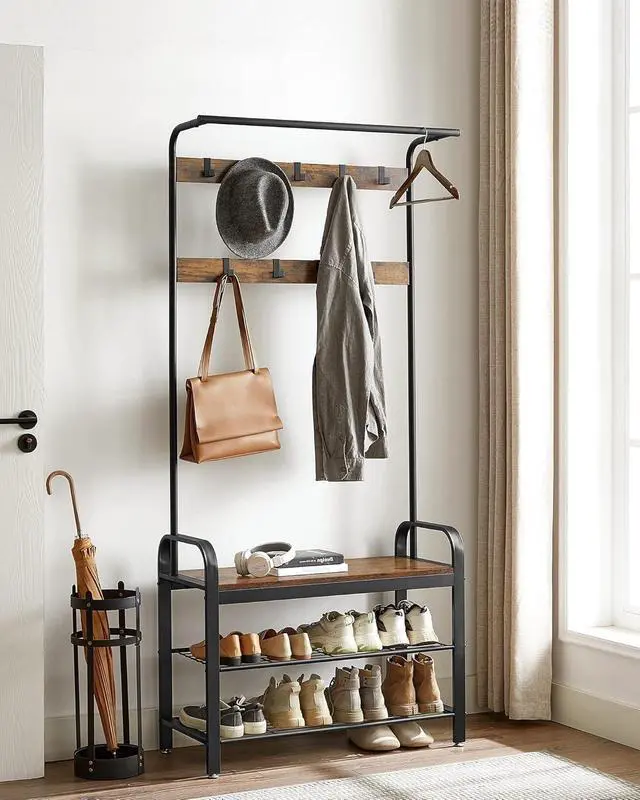 Alt view image 2 of 7 - 4-in-1 Entryway Hall Tree with Shoe Bench and Coat Rack, 9 Removable Hooks, Hanging Rod, 13.3 x 33.1 x 72.1 Inches, Rustic Brown and Black