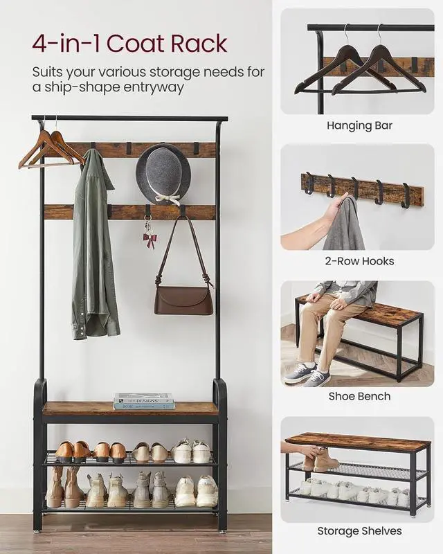 Alt view image 3 of 7 - 4-in-1 Entryway Hall Tree with Shoe Bench and Coat Rack, 9 Removable Hooks, Hanging Rod, 13.3 x 33.1 x 72.1 Inches, Rustic Brown and Black